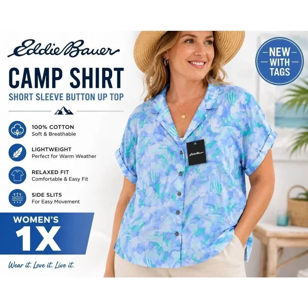 NWT Eddie Bauer Camp Shirt Women’s 1X Blue Tropical Button Up Cotton Top